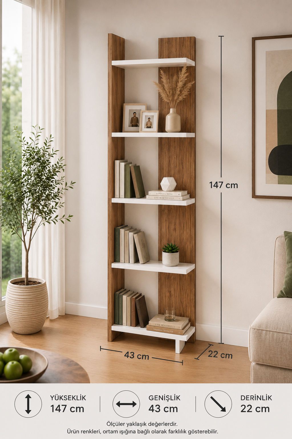 ANDES Ceviz Renk Dekoratif Kitaplık ve Çok Amaçlı Raf Ünitesi | Modern Salon Kitaplığı | Açık Raf Sistemi