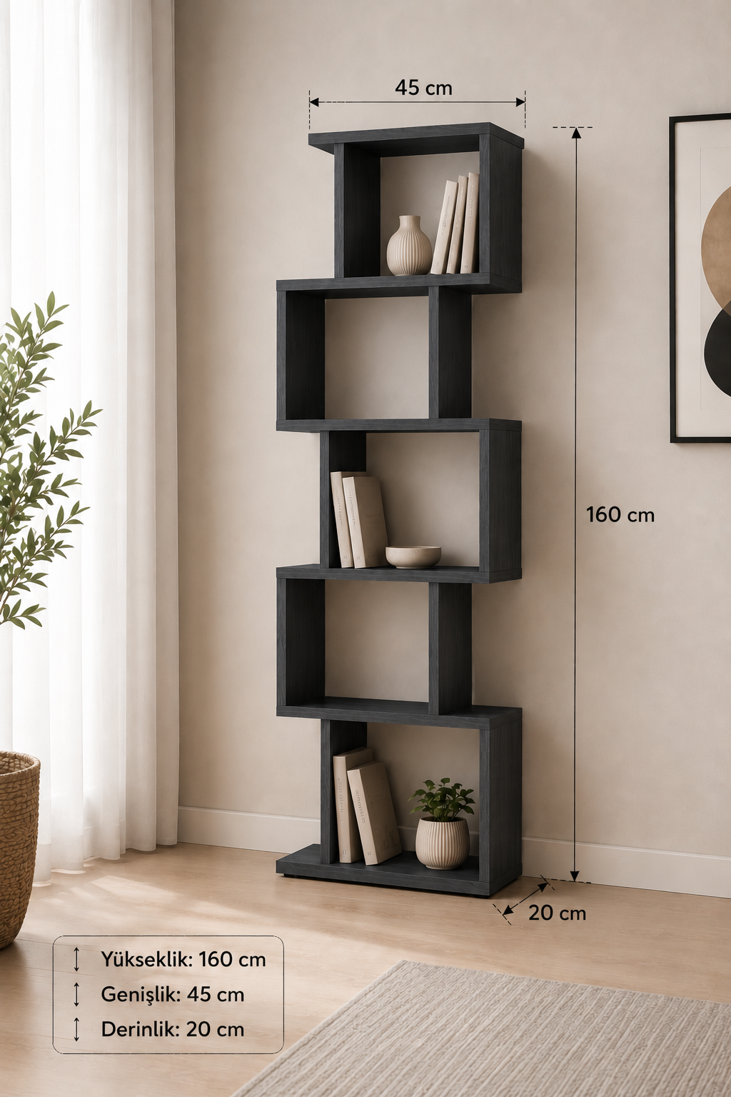TULSA Antrasit Gri Rengi Dekoratif Kitaplık ve Çok Amaçlı Raf Ünitesi | Modern Salon ve Ofis Kitaplığı