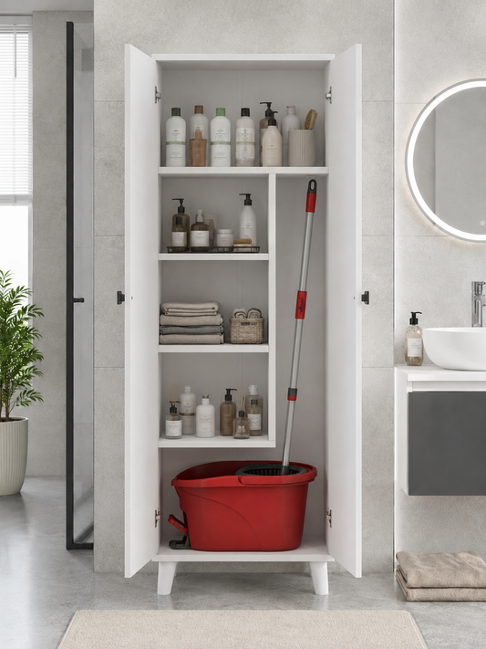LİMA Çok Amaçlı Banyo ve Temizlik Dolabı | Paspas Mop Bölmeli | Kapaklı Depolama Dolabı
