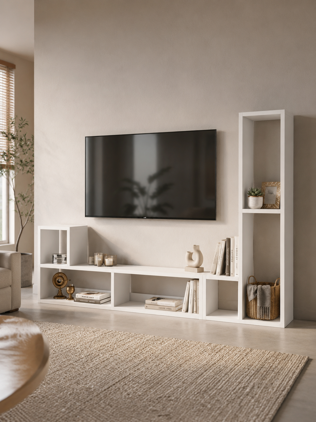 OSLO Beyaz İkili Modüler Çok Amaçlı Dikey Raf Ünitesi | TV Ünitesi | Kitaplık | Konsol | Dekoratif Düzenleyici | Dresuar | Çiçeklik