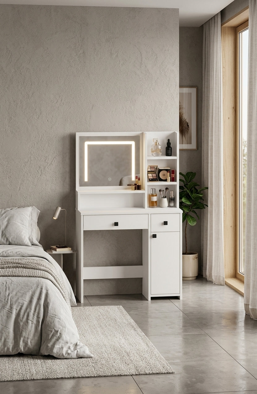 Paris Makyaj Masası – LED Aynalı & Çok Gözlü Depolama