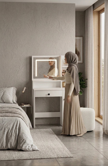 Paris Makyaj Masası – LED Aynalı & Çok Gözlü Depolama