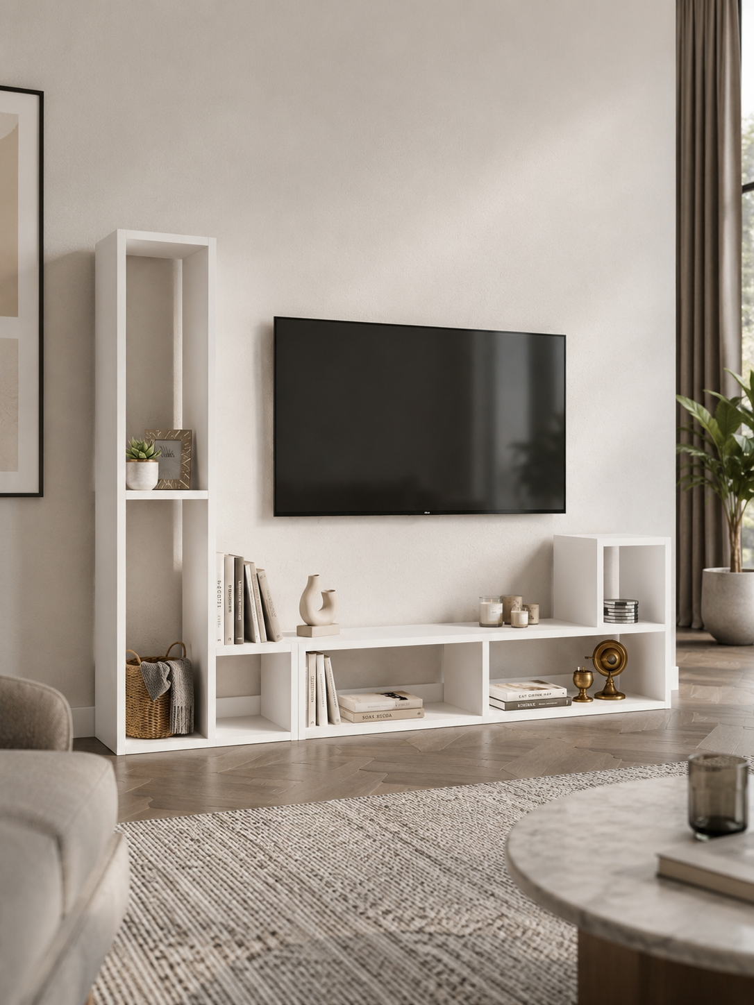 OSLO Beyaz İkili Modüler Çok Amaçlı Dikey Raf Ünitesi | TV Ünitesi | Kitaplık | Konsol | Dekoratif Düzenleyici | Dresuar | Çiçeklik