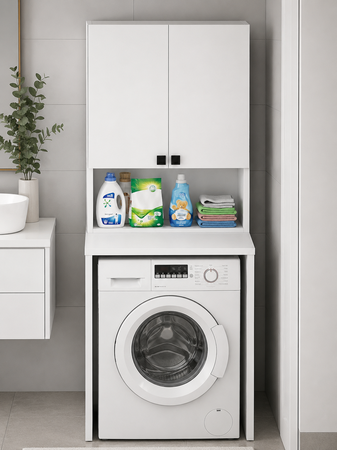 SUSA Çamaşır Makinesi Üst Dolabı | Çok Amaçlı Banyo ve Çamaşır Odası Düzenleyici | Raflı Kapaklı Depolama Dolabı