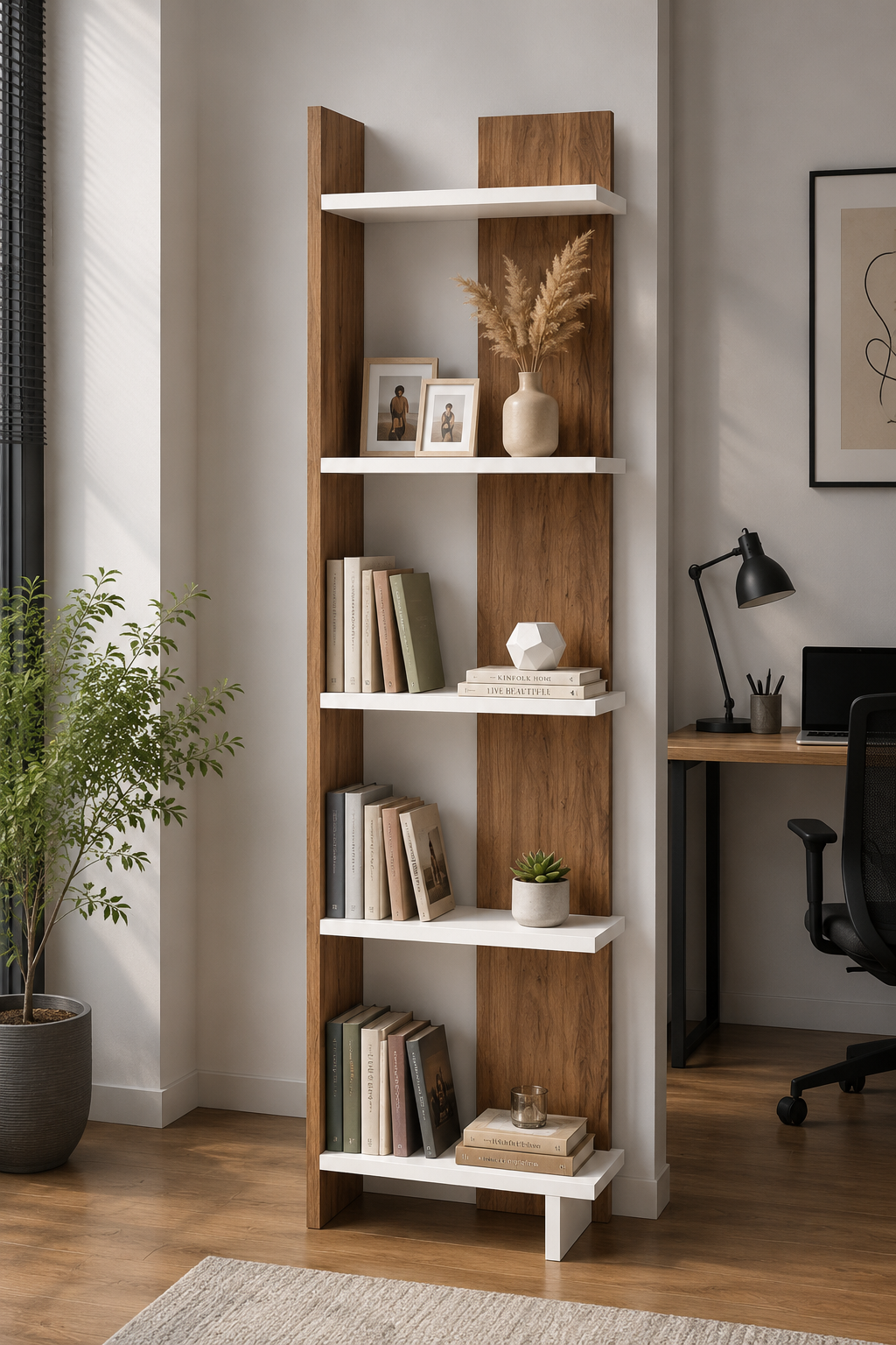ANDES Ceviz Renk Dekoratif Kitaplık ve Çok Amaçlı Raf Ünitesi | Modern Salon Kitaplığı | Açık Raf Sistemi