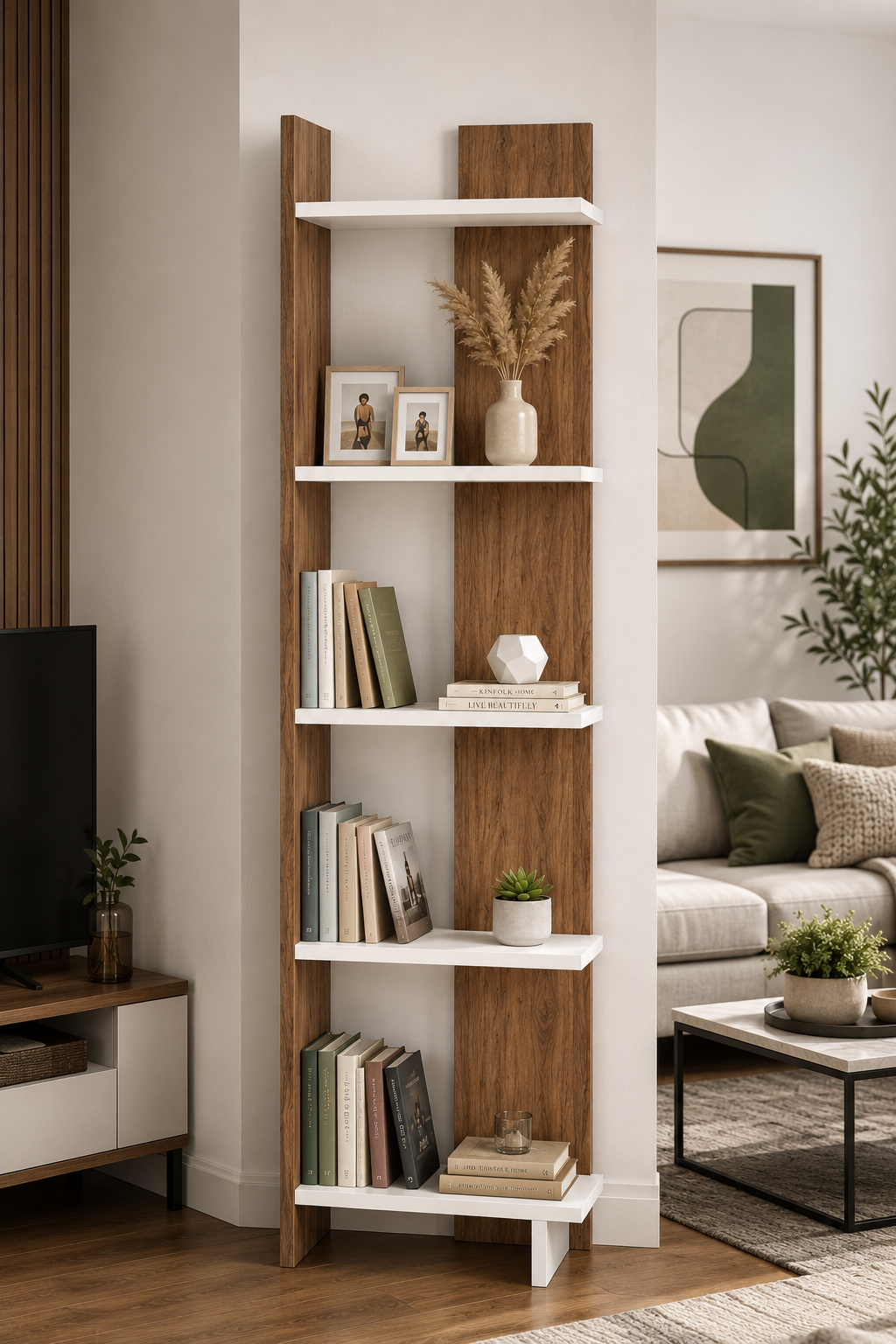 ANDES Ceviz Renk Dekoratif Kitaplık ve Çok Amaçlı Raf Ünitesi | Modern Salon Kitaplığı | Açık Raf Sistemi