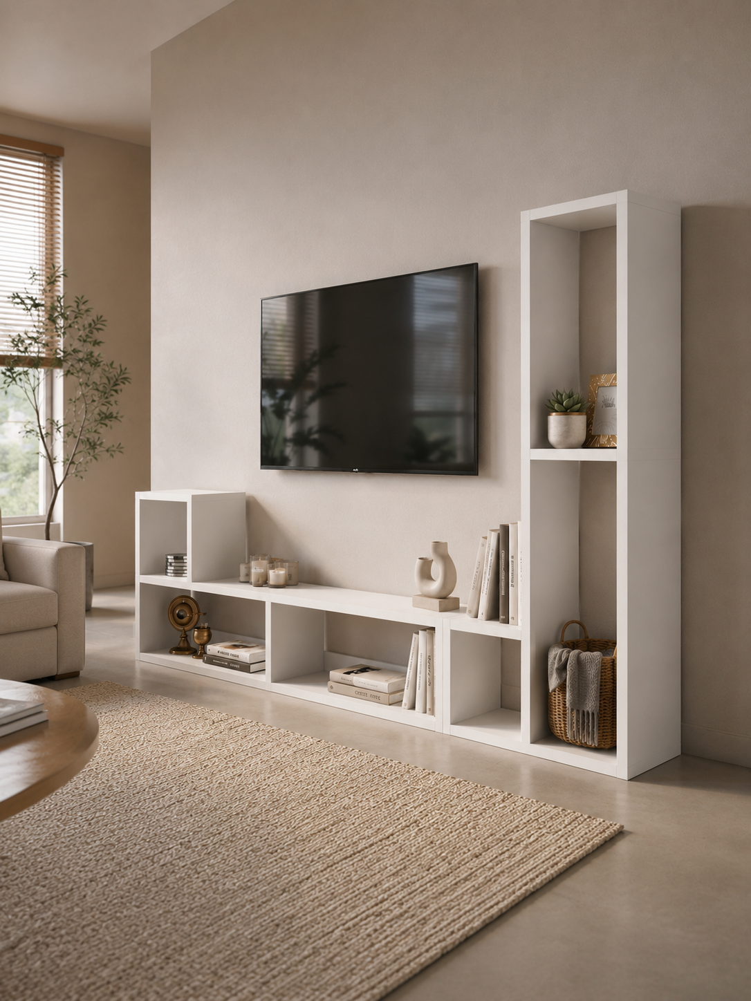 OSLO Beyaz İkili Modüler Çok Amaçlı Dikey Raf Ünitesi | TV Ünitesi | Kitaplık | Konsol | Dekoratif Düzenleyici | Dresuar | Çiçeklik
