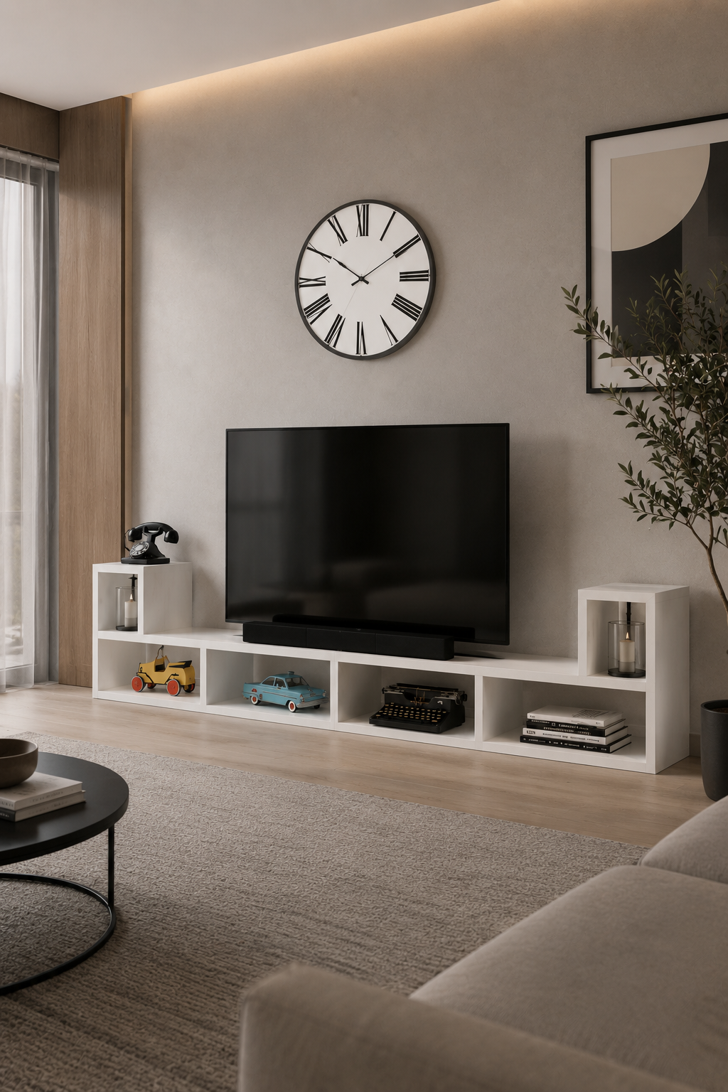 OSLO beyaz modüler raf ünitesi TV ünitesi olarak kullanım - Sheila Concept
