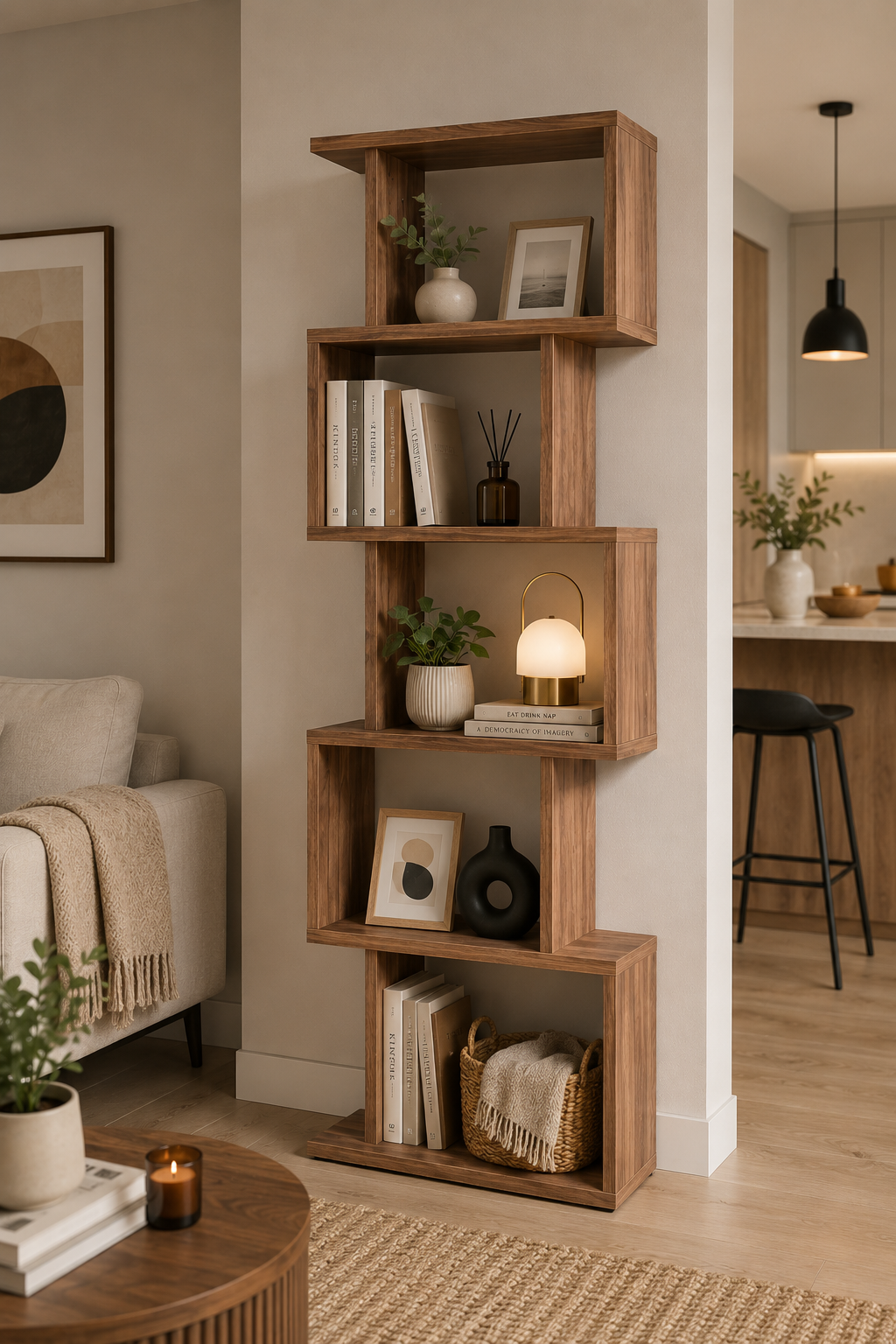 TULSA Ceviz Rengi Dekoratif Kitaplık ve Çok Amaçlı Raf Ünitesi | Modern Salon ve Ofis Kitaplığı