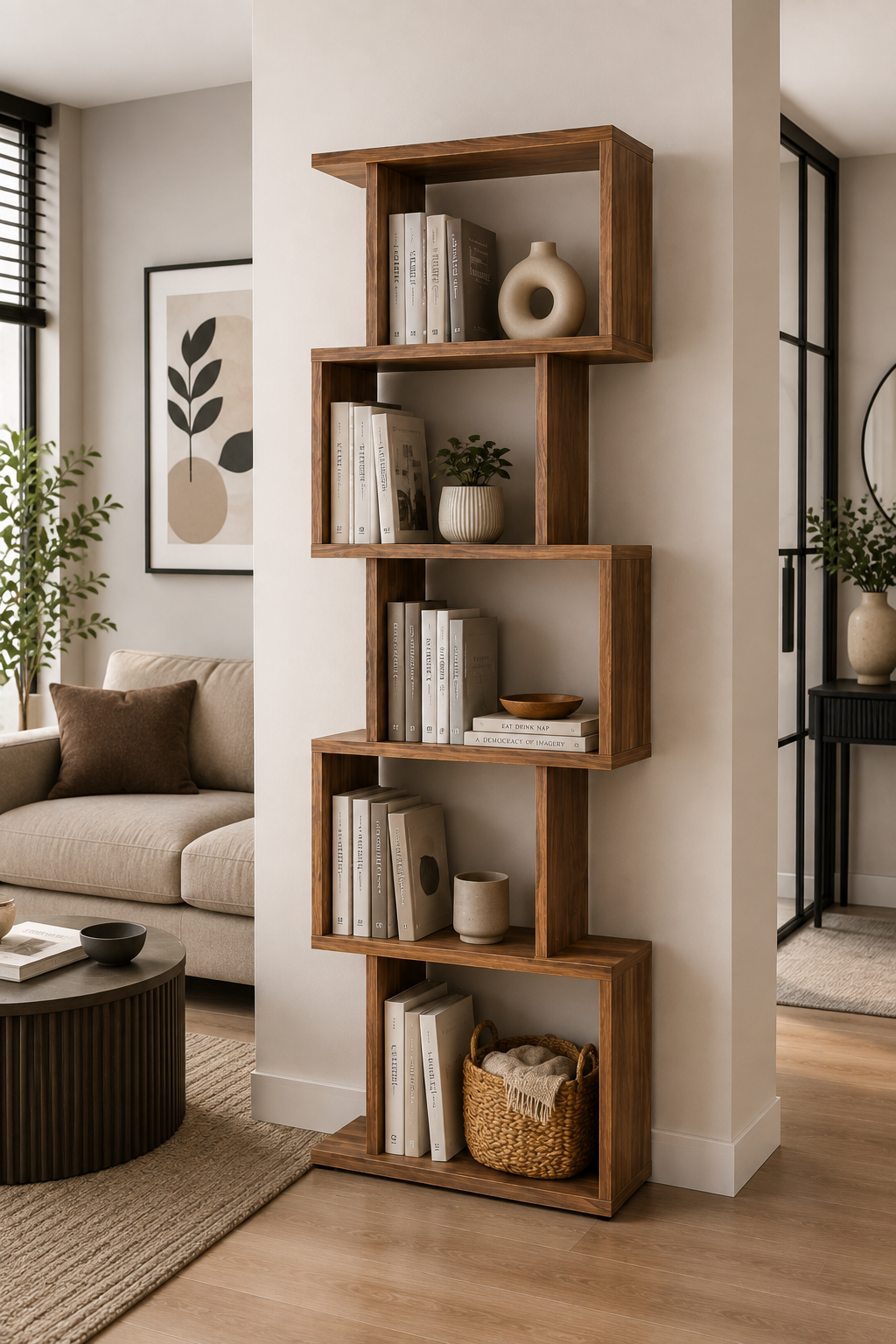 TULSA Ceviz Rengi Dekoratif Kitaplık ve Çok Amaçlı Raf Ünitesi | Modern Salon ve Ofis Kitaplığı