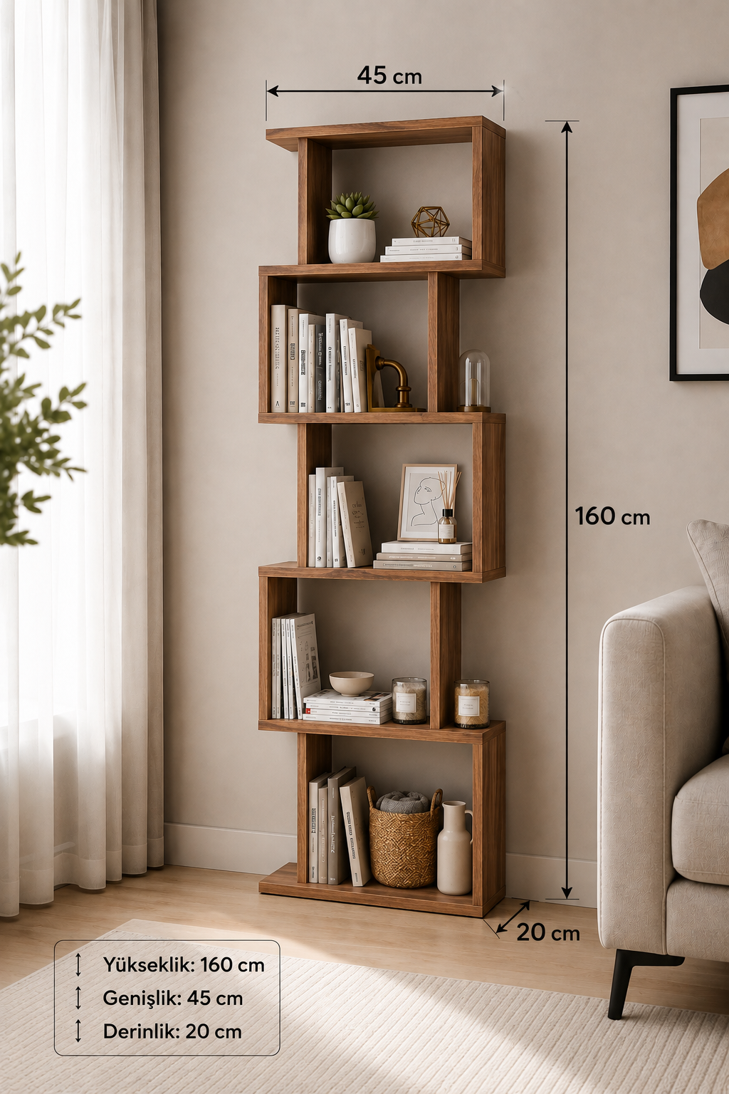 TULSA Ceviz Rengi Dekoratif Kitaplık ve Çok Amaçlı Raf Ünitesi | Modern Salon ve Ofis Kitaplığı