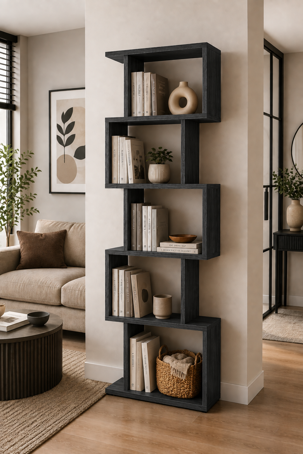 TULSA Antrasit Gri Rengi Dekoratif Kitaplık ve Çok Amaçlı Raf Ünitesi | Modern Salon ve Ofis Kitaplığı