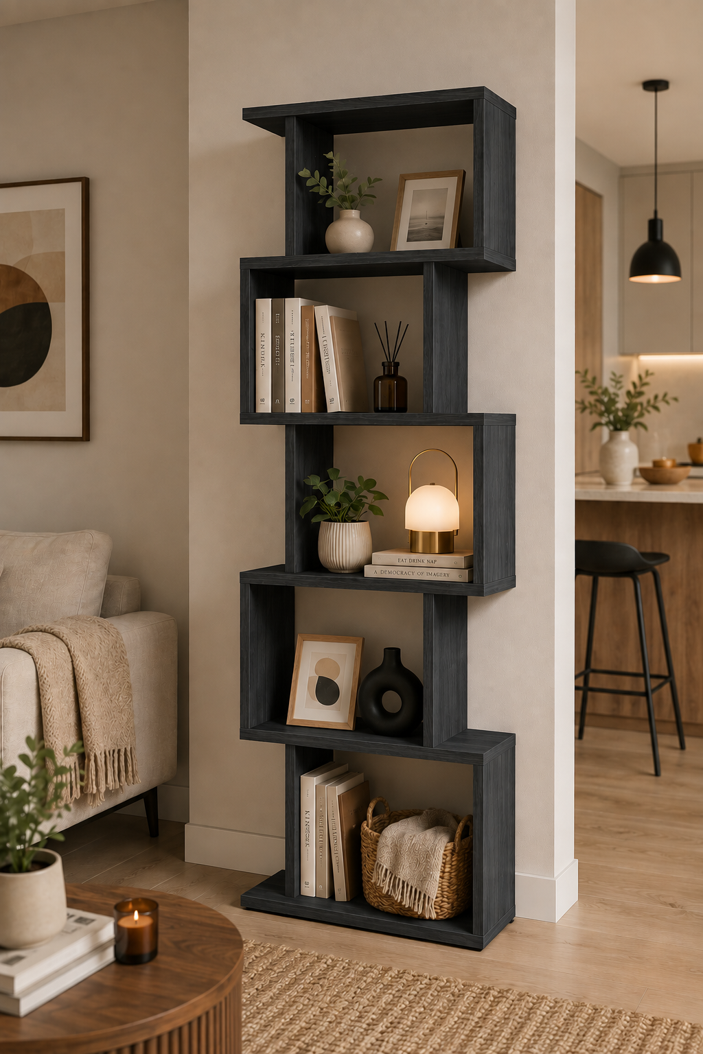 TULSA Antrasit Gri Rengi Dekoratif Kitaplık ve Çok Amaçlı Raf Ünitesi | Modern Salon ve Ofis Kitaplığı